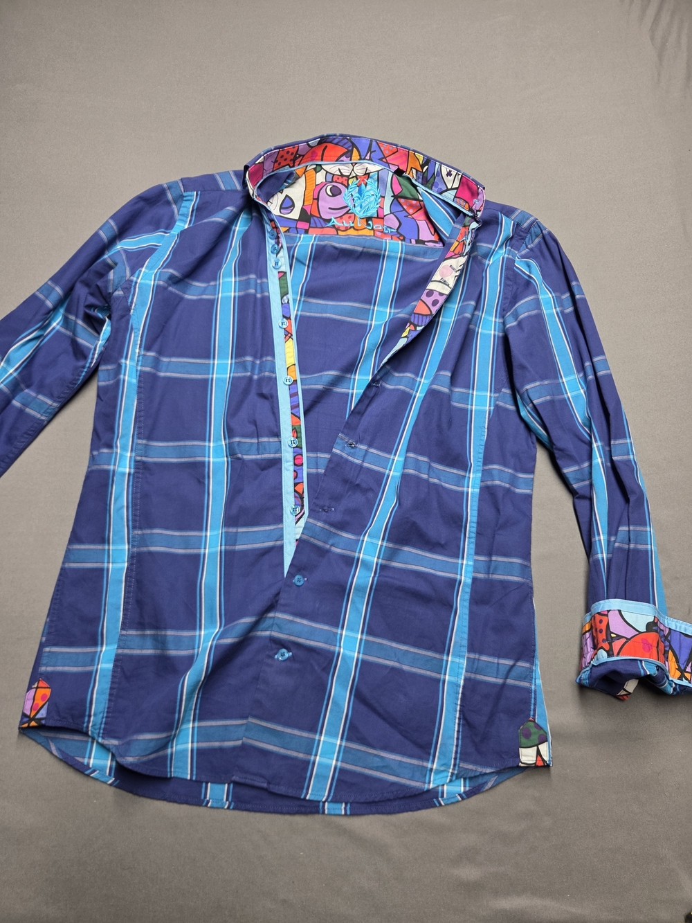 Au Noir Montreal Designer Blue Plaid Shirt Cartoon Pop Art Comic Lining Small
